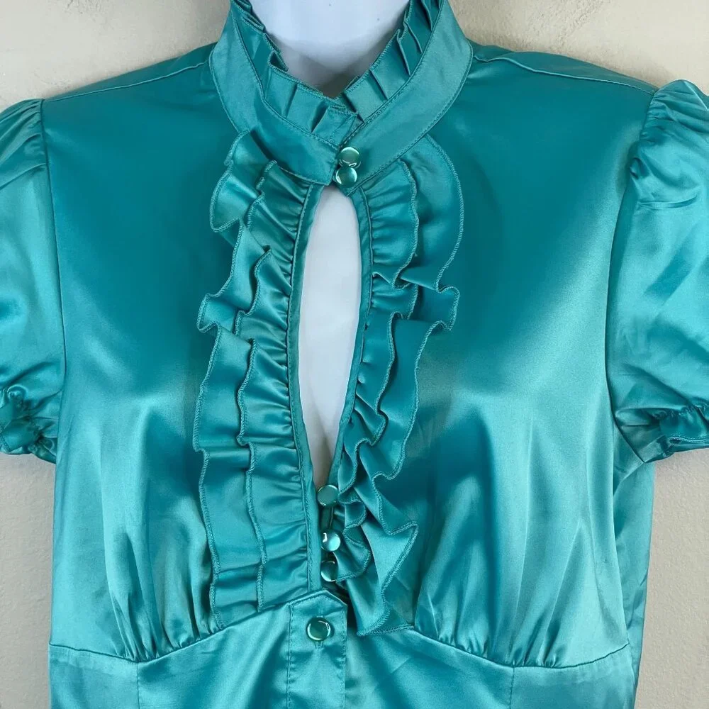 Vintage Y2K Top Medium Coquette Silky Satin Ruffle Puff Sleeve Keyhole High Neck - Picture 3 of 11